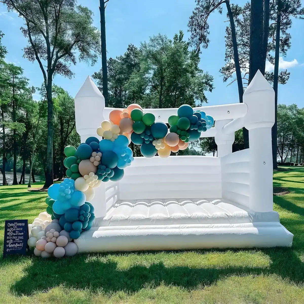 4m x 4m large white bounce house decorated with balloons