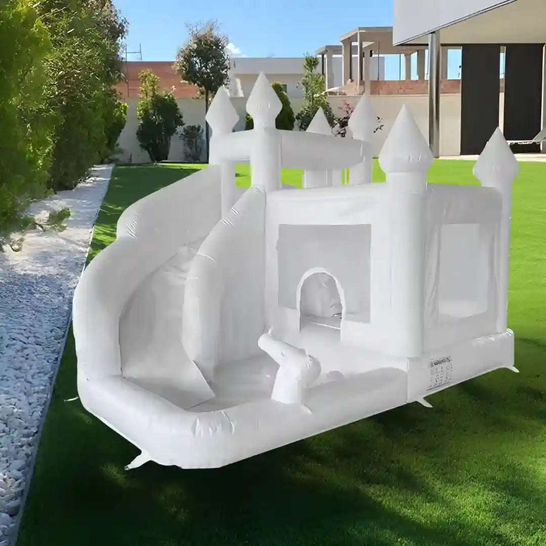 A water slide bounce house in the backyard