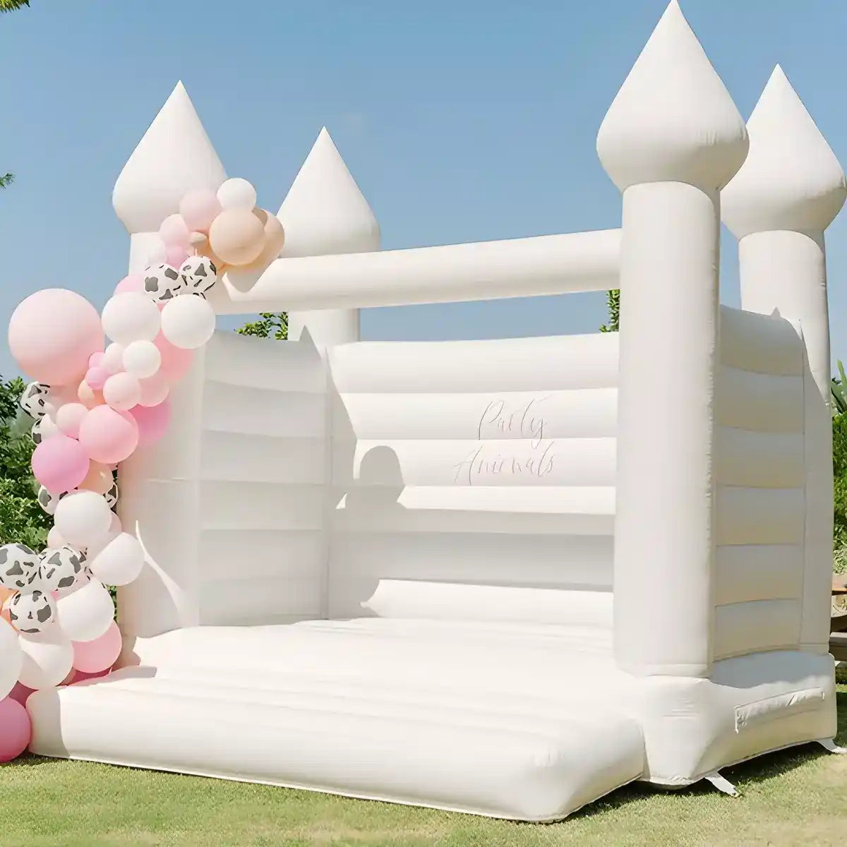 Walled bounce house decorated for backyard birthday party