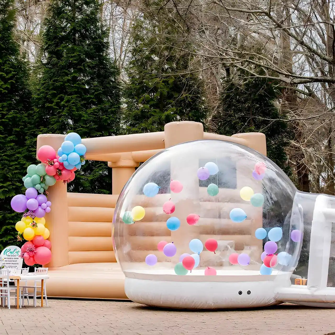 Perfect match between the bounce bubble house and pastel peach colored bouncy castle