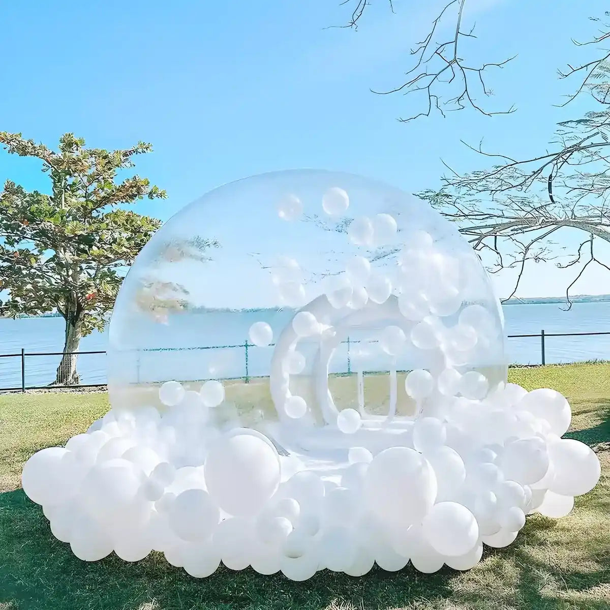 The Bubble House inflatable tent decorated like a piece of cloud placed in a park