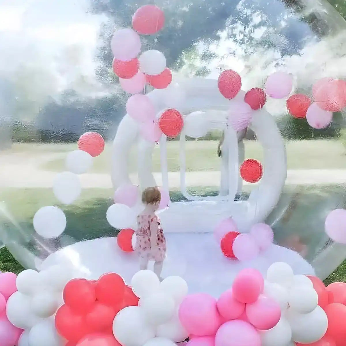 View into the transparent magic bubble house where kid play with magic balloons inside